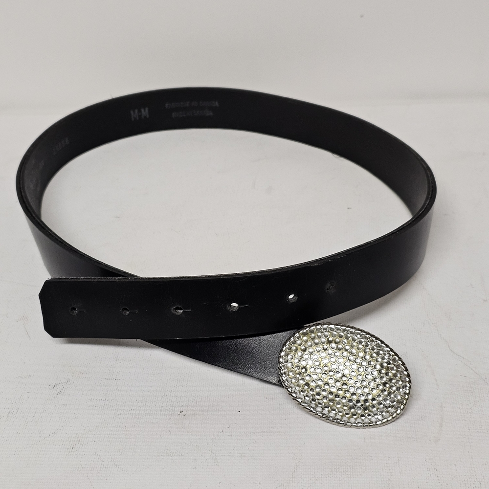 Black Leather Belt 33" M/M with Silver-Tone Textured Oval Buckle Made in Canada